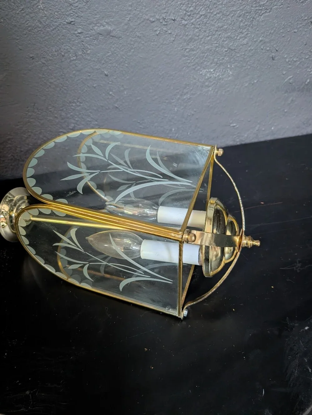 Vintage 1960s Polished Gold Metal Clear Etched Glass Chandelier Pendant Light La